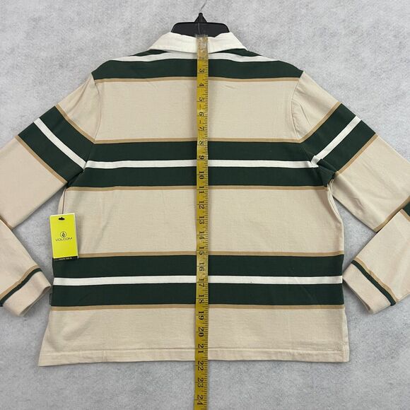 Volcom Volarco Long Sleeve Polo Shirt L 100% Cotton Boxy Striped Cream Green - Picture 6 of 12